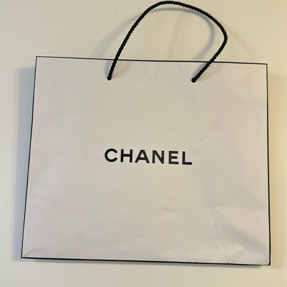 CHANEL White and Black Logo Paper Shopping Bag